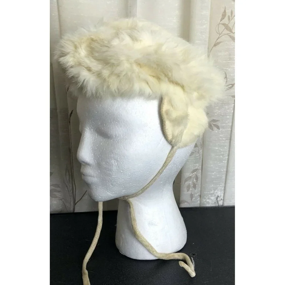 Vintage Fur Hat Child Size Ear Flaps Tie Neck White Soft
